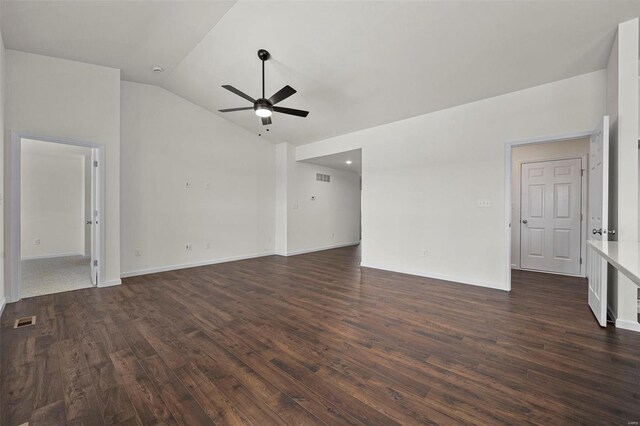 carpeted spare room featuring high vaulted ceiling and ceiling fan