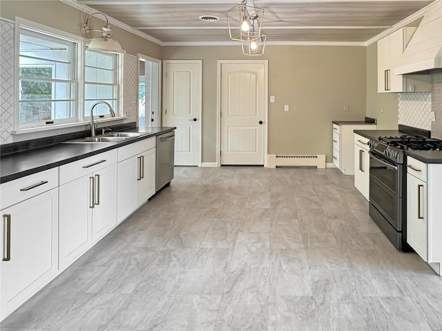 kitchen featuring decorative backsplash, a baseboard radiator, custom range hood, range with gas stovetop, and stainless steel dishwasher