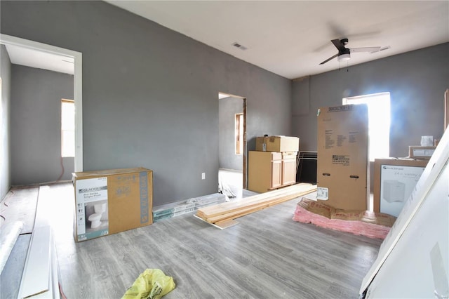 bedroom with hardwood / wood-style flooring and ceiling fan