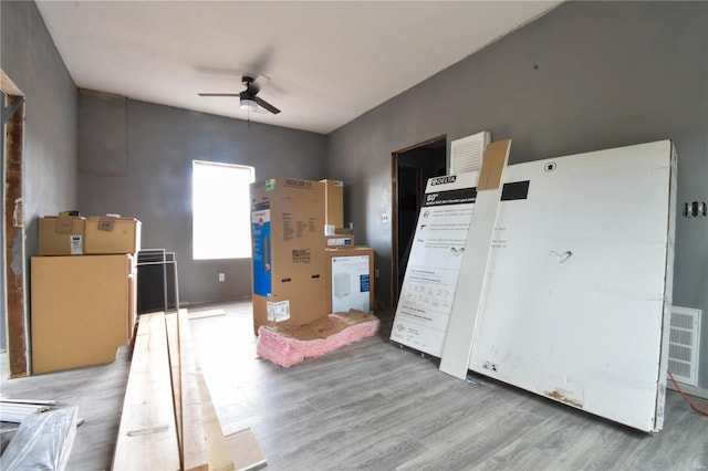 kitchen with ceiling fan and light hardwood / wood-style floors