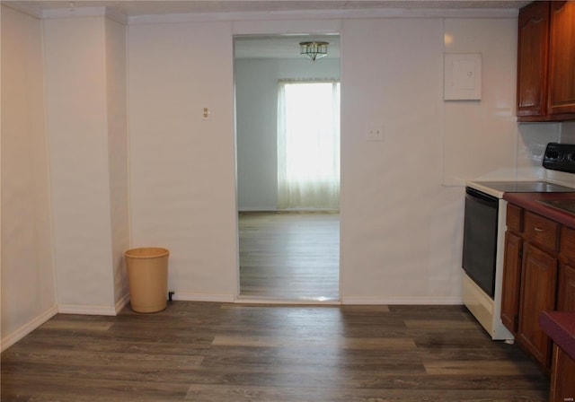 kitchen with electric stove and dark wood-type flooring