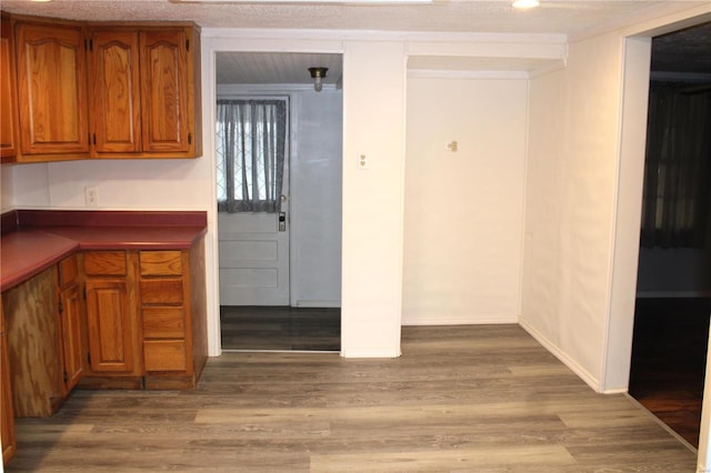 kitchen featuring wood-type flooring and a textured ceiling