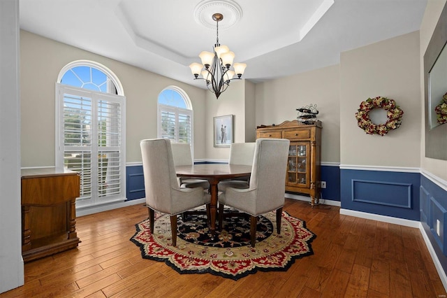 dining area with a tray ceiling, dark wood finished floors, and wainscoting