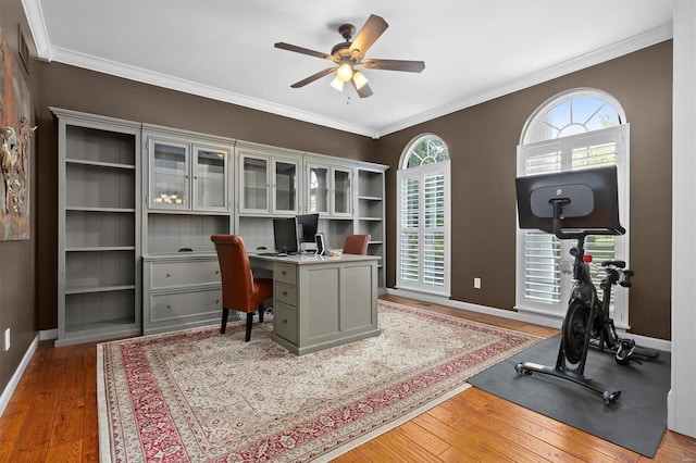 office space featuring ceiling fan, hardwood / wood-style flooring, and ornamental molding