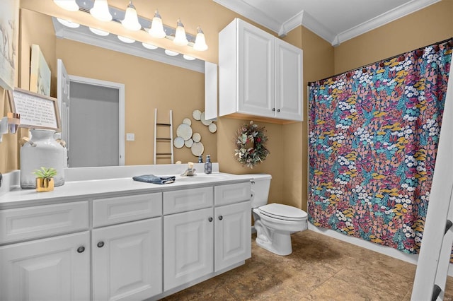 bathroom with vanity, toilet, ornamental molding, and tile patterned flooring