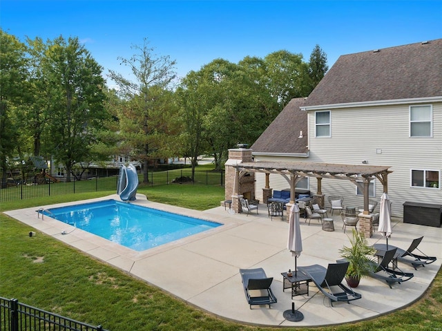 view of swimming pool featuring a fenced in pool, a yard, a pergola, fence private yard, and a water slide