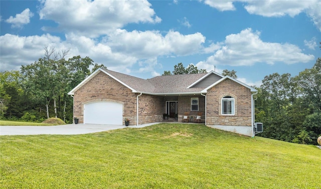 ranch-style house featuring a garage, central AC, and a front yard