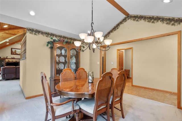 dining space featuring recessed lighting, light carpet, baseboards, vaulted ceiling, and an inviting chandelier