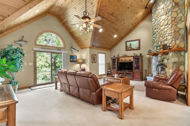 carpeted living room featuring wooden ceiling, ceiling fan, a fireplace, and high vaulted ceiling