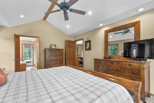 bedroom with ceiling fan and vaulted ceiling