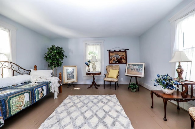 bedroom with multiple windows and dark hardwood / wood-style floors