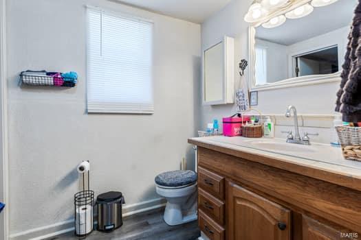 bathroom with toilet, vanity, and wood-type flooring