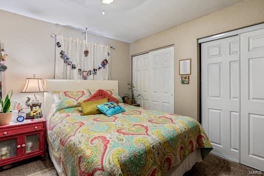 carpeted bedroom with two closets