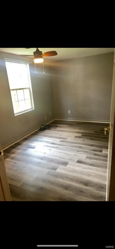 empty room with wood-type flooring and ceiling fan