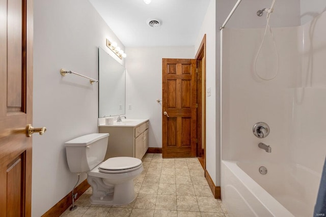 full bathroom featuring toilet, washtub / shower combination, and vanity