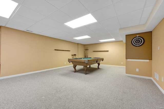 recreation room featuring a paneled ceiling, carpet, and billiards