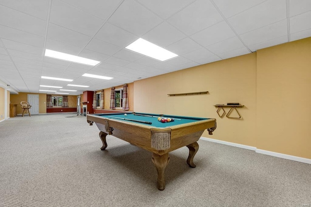 rec room with pool table, carpet, and a drop ceiling