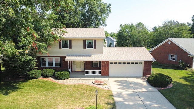 front facade featuring a garage, a front lawn, and covered porch