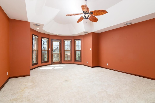 unfurnished room featuring visible vents, ceiling fan, baseboards, carpet, and recessed lighting