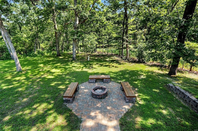 view of yard with a fire pit