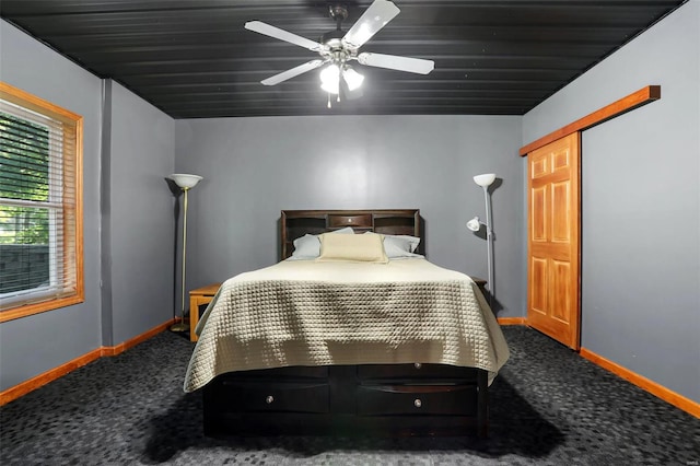 carpeted bedroom featuring ceiling fan and a closet