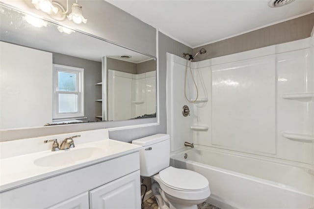 full bath with toilet, tub / shower combination, and vanity