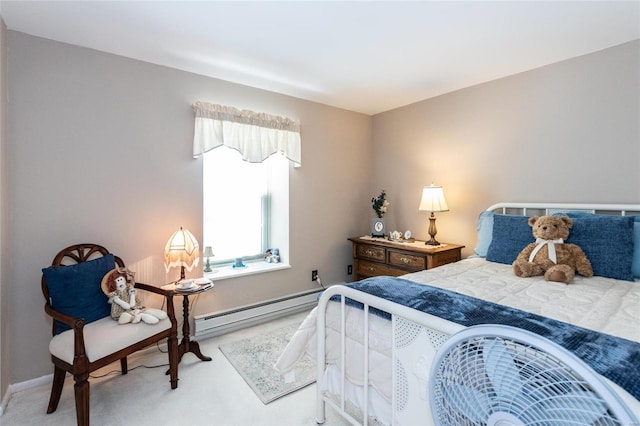 carpeted bedroom with baseboard heating