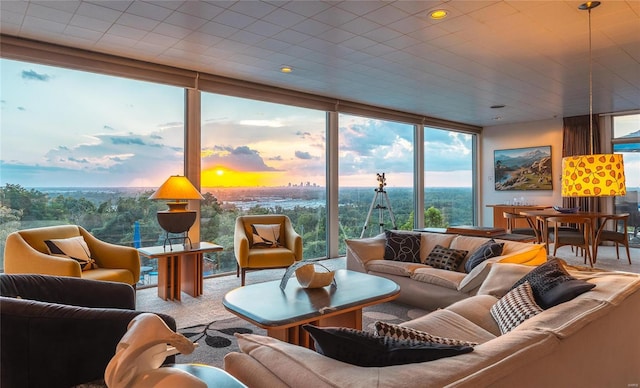 carpeted living room with a wall of windows