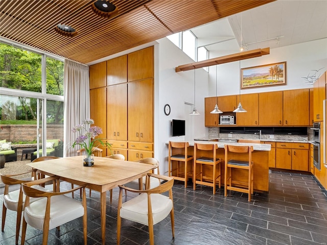 dining area with rail lighting, expansive windows, and a high ceiling