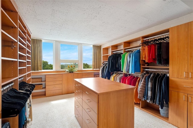 spacious closet featuring light colored carpet and built in study area