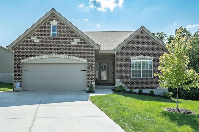 view of front of property with a garage and a front lawn