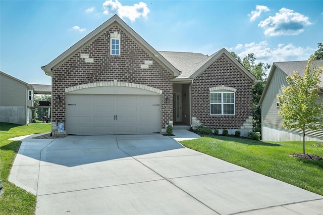 view of front of property featuring a garage and a front lawn