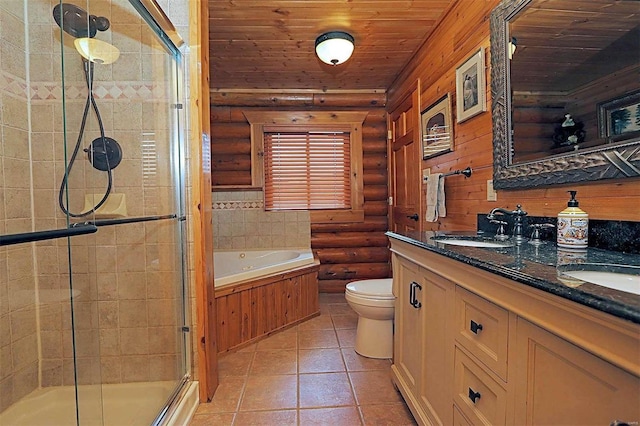 bathroom featuring wooden ceiling, toilet, double vanity, a stall shower, and rustic walls