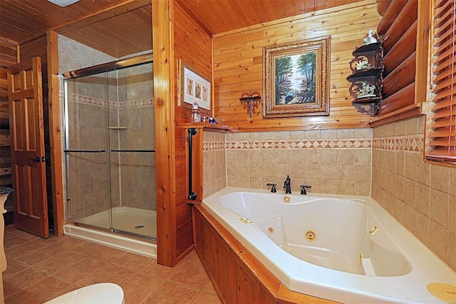 full bath featuring toilet, wood ceiling, a jetted tub, tile patterned floors, and a stall shower