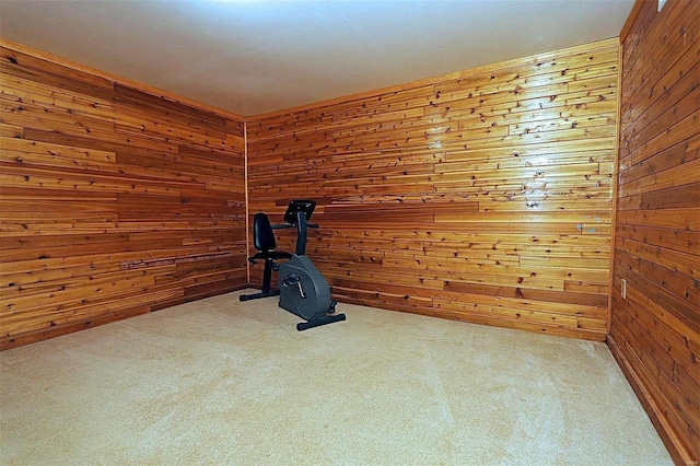 workout room with carpet floors and wood walls