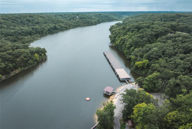 drone / aerial view featuring a water view and a wooded view