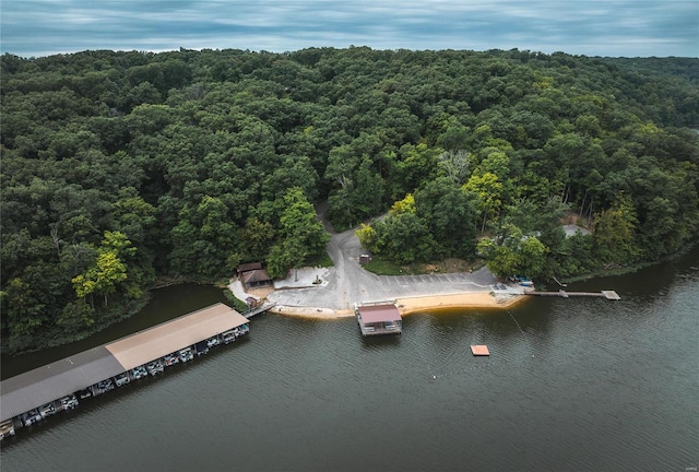 aerial view with a water view and a forest view