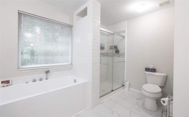 bathroom with toilet, marble finish floor, visible vents, and a stall shower