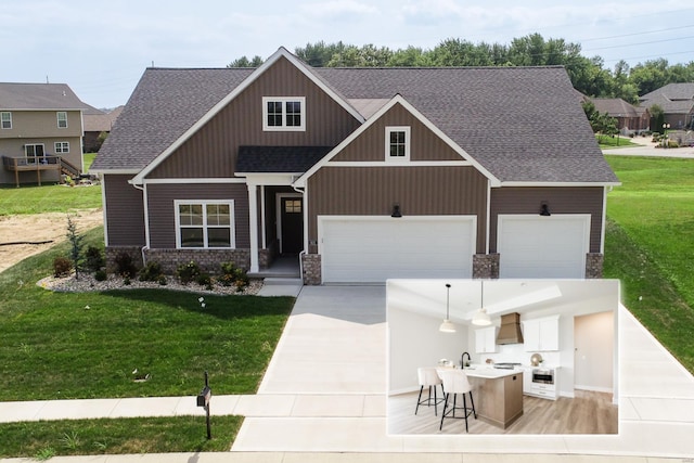 craftsman-style home featuring a front lawn, a garage, and sink