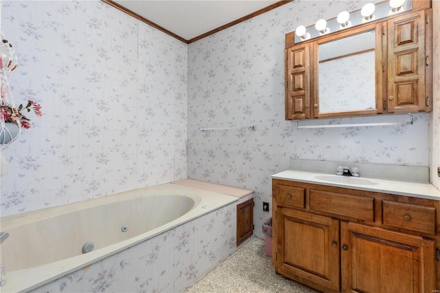 bathroom featuring vanity, a bathing tub, and crown molding