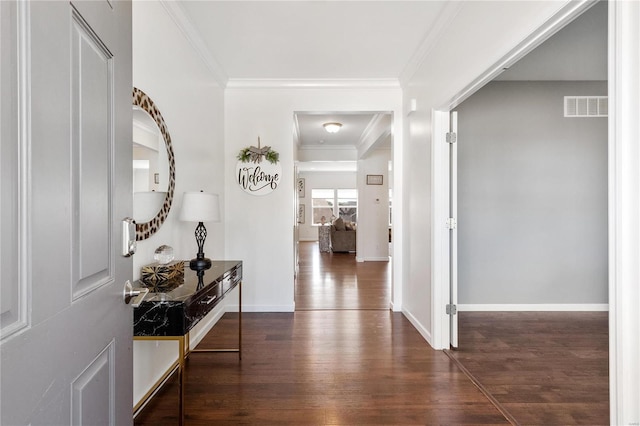 hallway with dark hardwood / wood-style flooring and crown molding