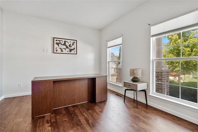 office with dark hardwood / wood-style floors