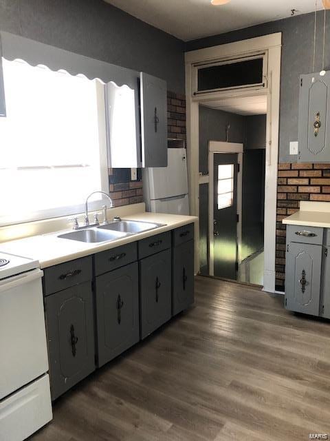 kitchen with sink, hardwood / wood-style flooring, and white appliances