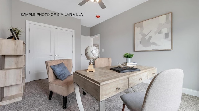 home office with carpet floors and ceiling fan