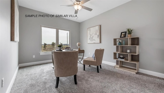 carpeted office featuring ceiling fan