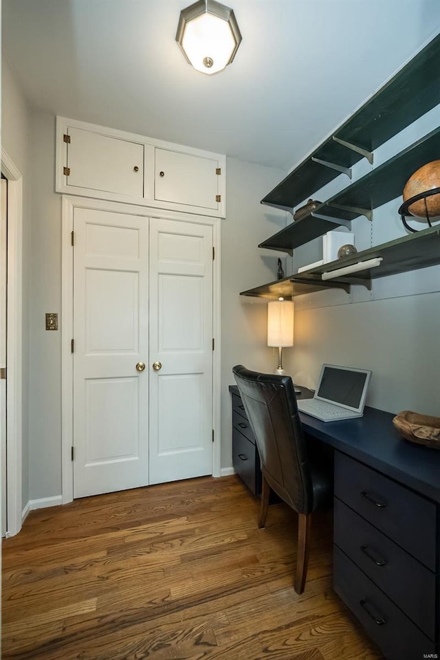 office area featuring wood-type flooring and built in desk