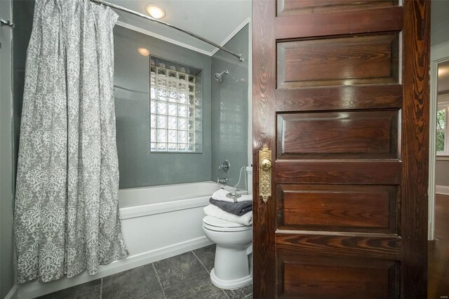 bathroom with shower / bath combo, crown molding, tile patterned floors, and toilet