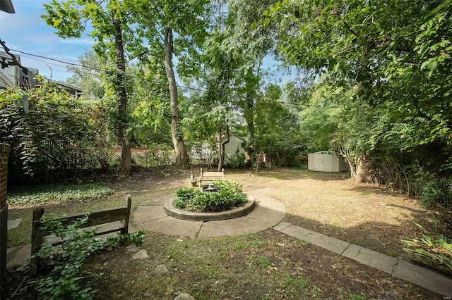 view of yard featuring a storage shed