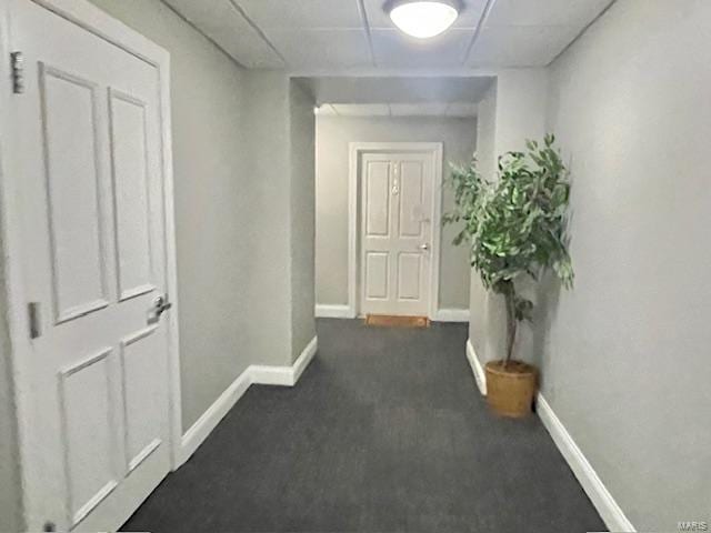 corridor with a drop ceiling and dark colored carpet