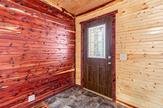 interior space with wooden walls and wood ceiling